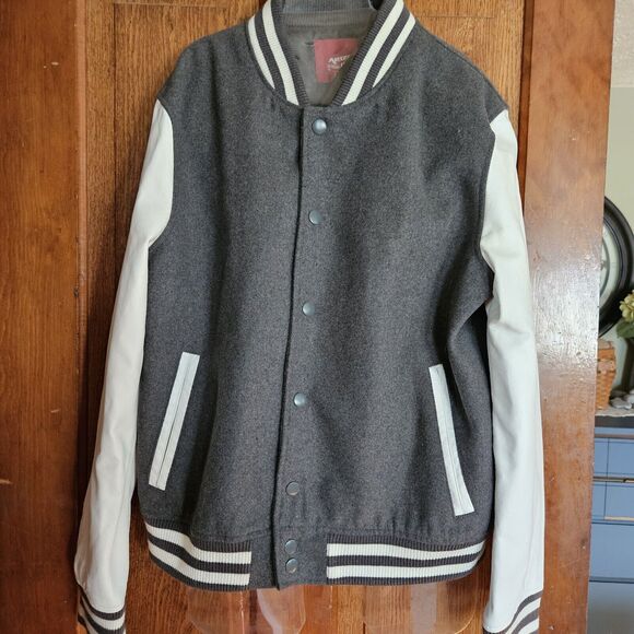 Arizona Jeans Men's Medium Gray Letterman Varsity Snap Wool Blend Jacket - Picture 1 of 10